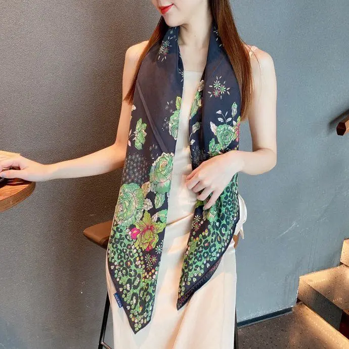 Длинные шелковые цветочные шарфы на заказ, двусторонний шелковый шарф 100%, Женский высококачественный шелковый шарф 110x110