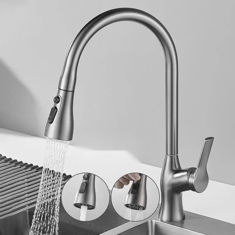 zinc alloy pull-out kitchen faucet with swivel spout manual power sink tap black or silver-for households
