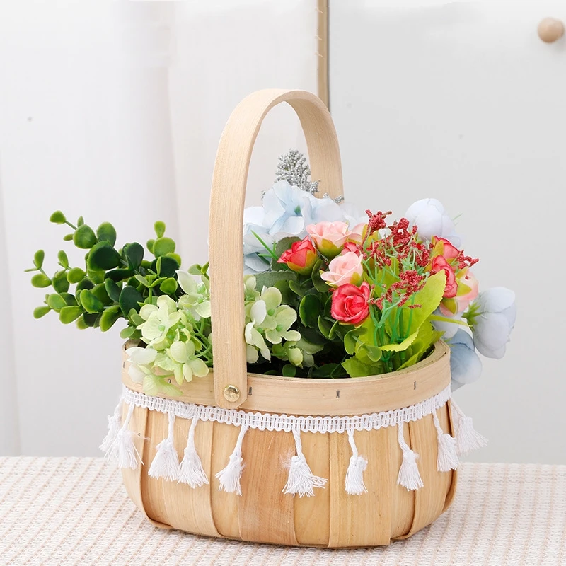 Gift Handmade Woven Willow Wood Lining Oval Storage Basket with Handles Flower Pot Baskets for Lady Girls