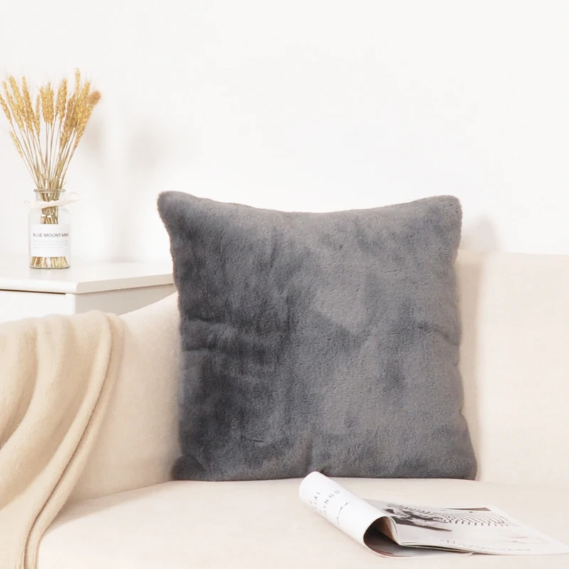 top sale square black cushion covers artificial rabbit pillow cases rabbit fur pillow