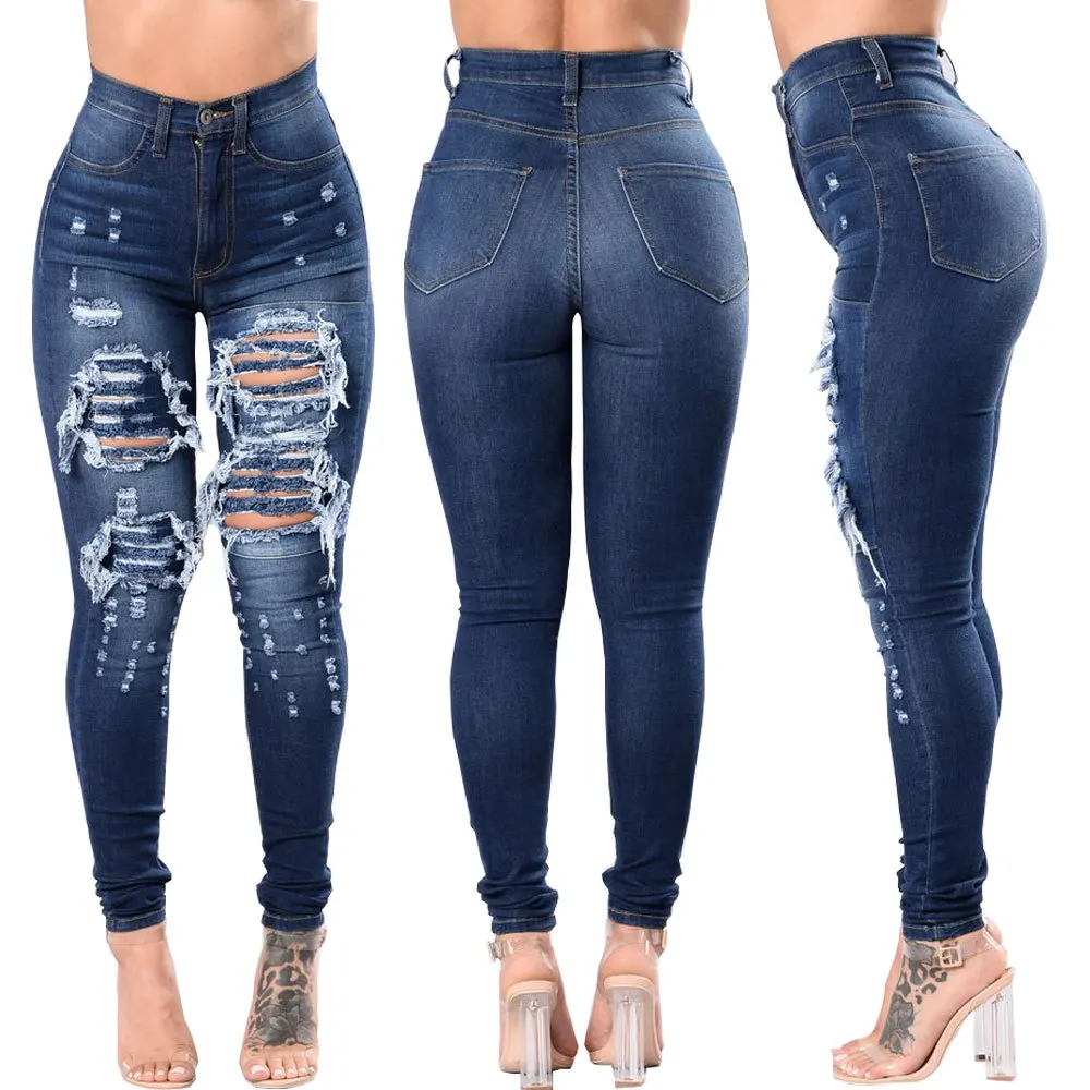  fashionThe new Bare legs skinny jeans blue High waist elasticity custom Slim