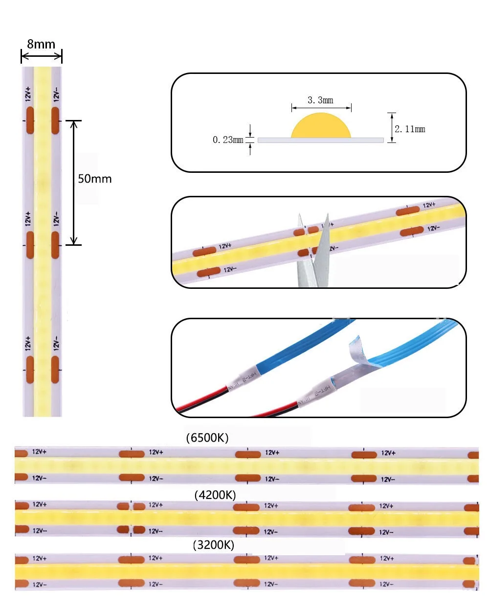 High quality white 5mm 8mm 10mm 12V 24V CRI 90 cob led strip lighting