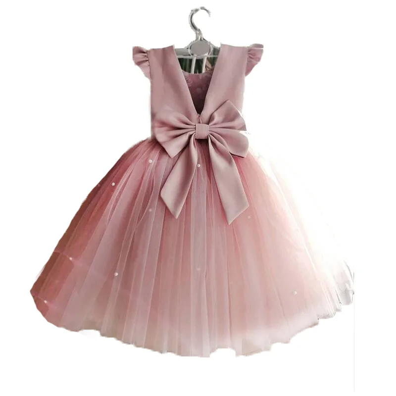 Ivy90316A Flowers girls princess dress high quality kids girls pink backless big bow birthday party dress design