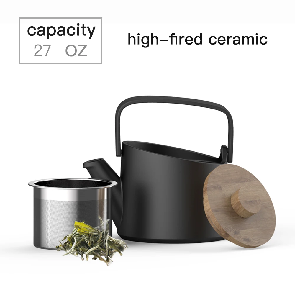 DHPO Hot Selling 800ml Ceramic Tea Pot with Wooden Lid Heat Resistant Reusable Teapot with SLS Infuser and Plastic Handle