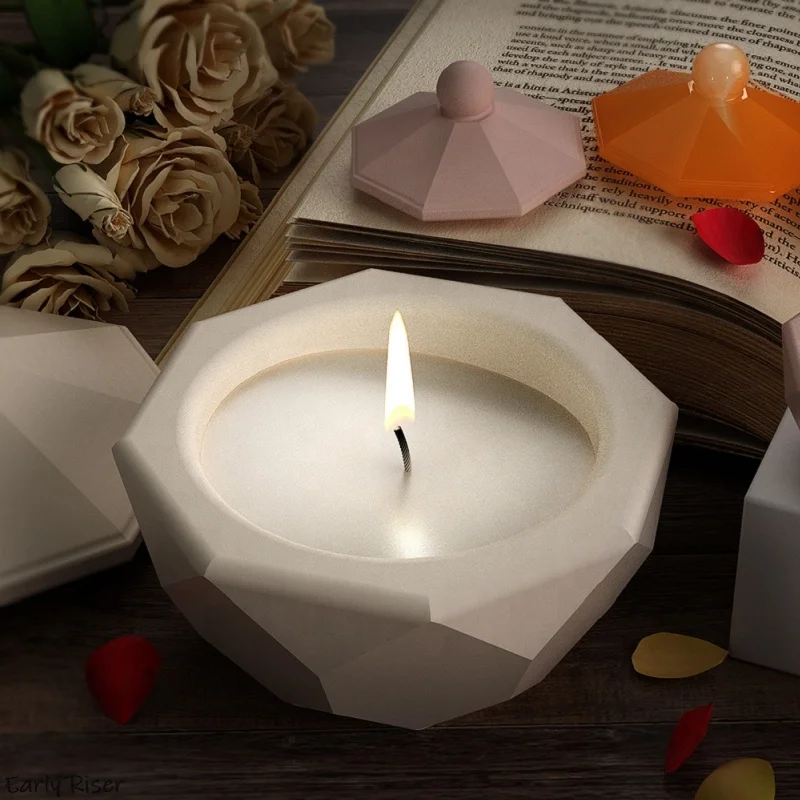 Early Riser DIY Resin Cement Gypsum Storage Jar with Octagonal Triangular Faceted Diamond Candle Cup Silicone Mold