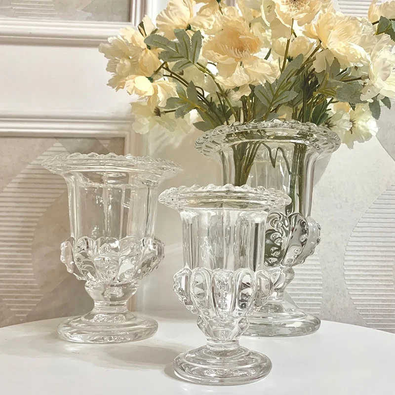 vintage light luxury embossed crystal clear standing glass vase flower pot for home decor