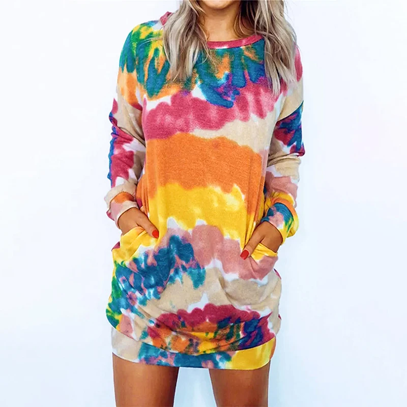 New Arrivals Fall 2022 Women Clothes Long Sleeve Tie Dye With Pocket Fall Dresses For Women