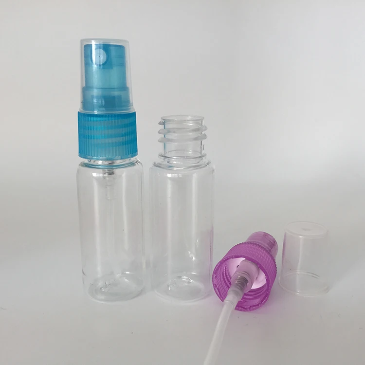 Wholesale 20ml transparent PET spray bottle with fine mist sprayer multi color lid for perfume dispenser, travel, outdoor