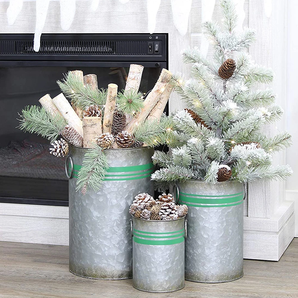 Оцинкованные ведеры для зелени, украшение фермерского дома, оцинкованные банки с зеленой лентой для рождественской зелени и цветов