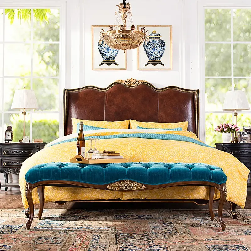 American country solid wood carved fabric bed tail stool European retro velvet shoe changing stool clothing store rest stool