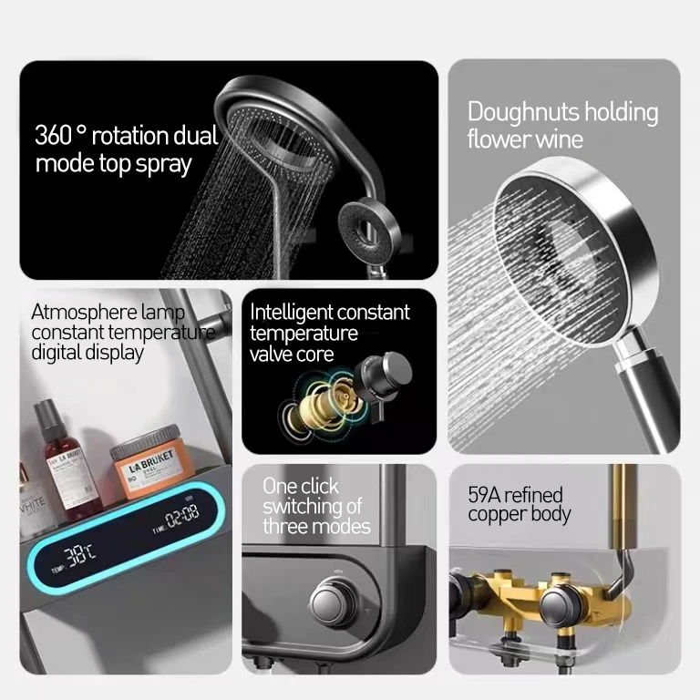 Luxury Smart Shower System Bathroom Wall-Mounted 360 Degree Shower Panel Head Black Brass Rain Effect Thermostatic Shower Set