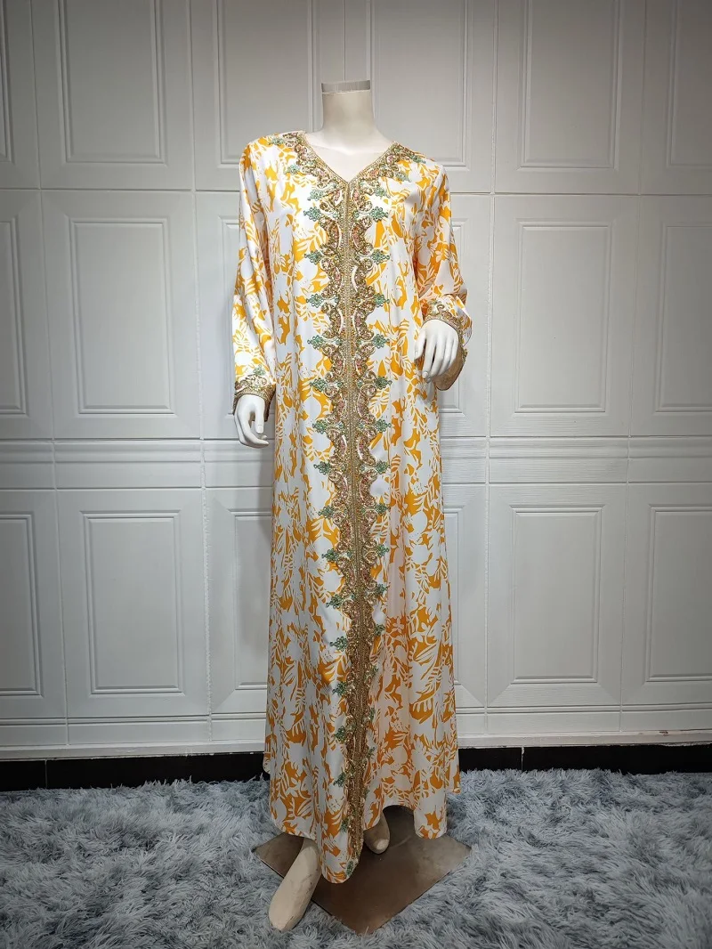 Hot selling loose wear fashion print beaded long sleeve maxi dress islamic clothing muslim dresses for women