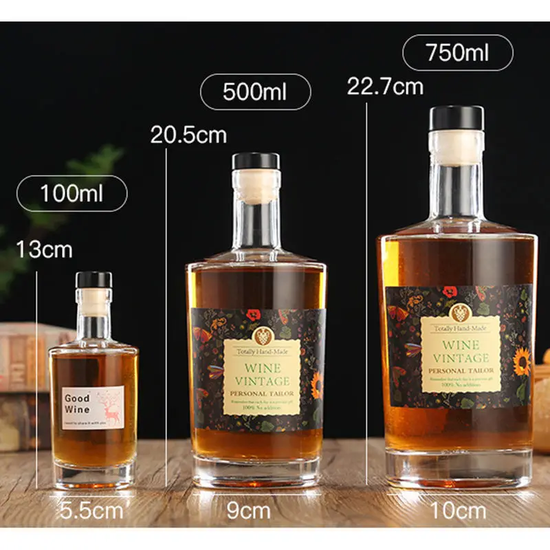 High Quality 100ml 500ml 750ml Clear White Spirit Bottle Whisky Brandy Vodka Glass Wine Bottle with Cork