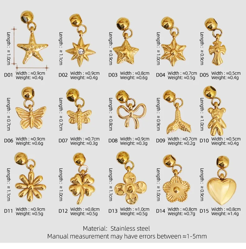 Gold Plated Stainless Steel Flower Butterfly Star Shapes Pendant Bear Charm Sunflowers Heart Necklace Pendant DIY Charm