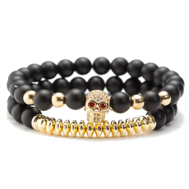 Fashion Set Micro Pave CZ Disc Ball Charm Bracelet 2Pcs/Set 6mm Elastic Natural Matte Agate Stone Bracelet 4 Colors Available