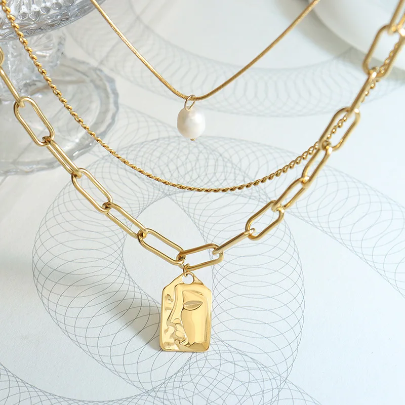 Hyperbole Single Fresh Water Pearl Three Layer Necklaces 18K Gold Plated Stainless Steel Chain Abstract Face Necklaces