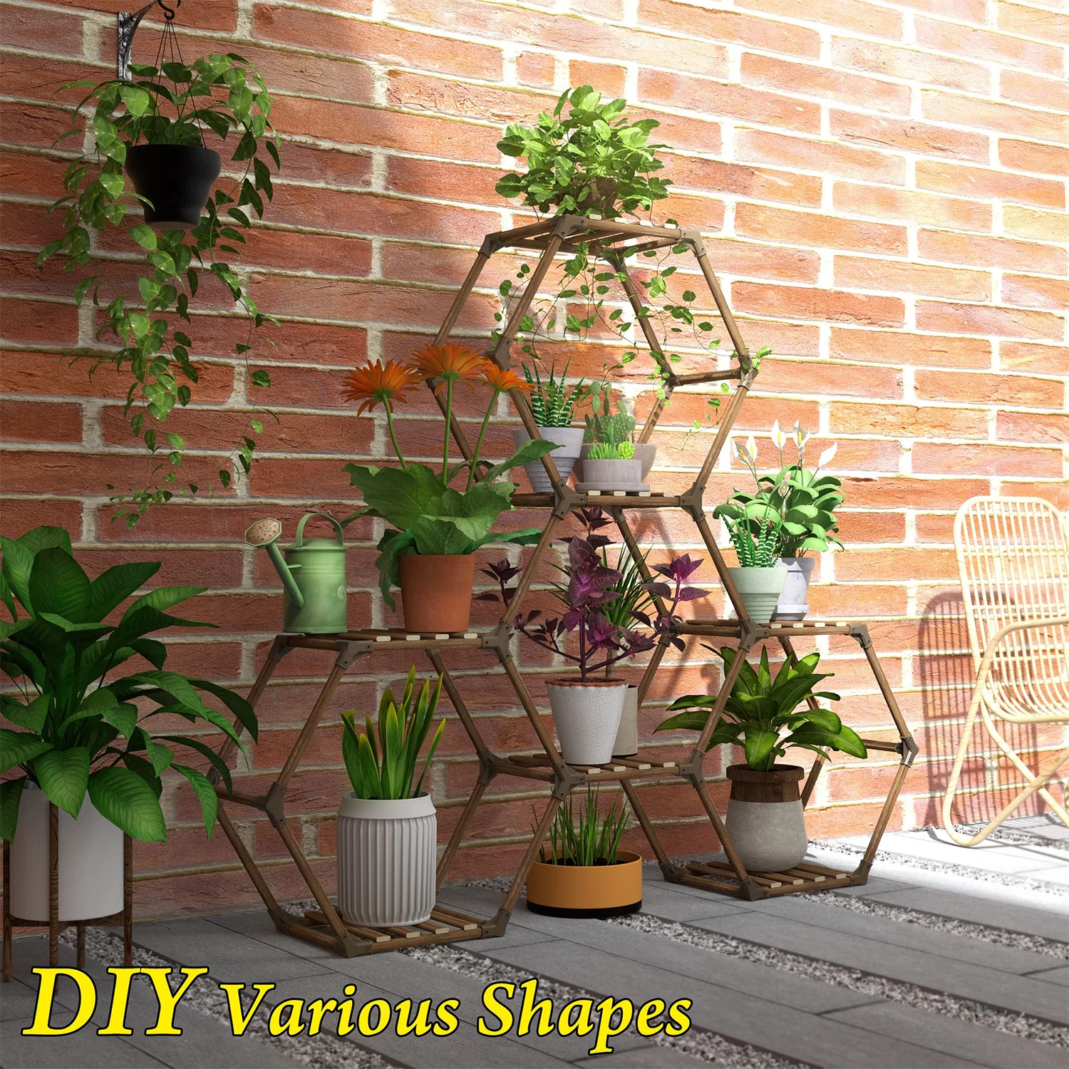 Indoor Outdoor Plant Shelf Large 7 Tiers Wooden Potted Holder Hexagonal Plant Stand For DIY Flower Stand