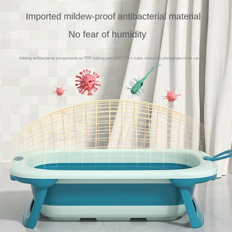 Folding Plastic Kids Bathtub Foldable Baby Bath Tubs Set Collapsible With Stand Temperature And Cushion For Infant Children