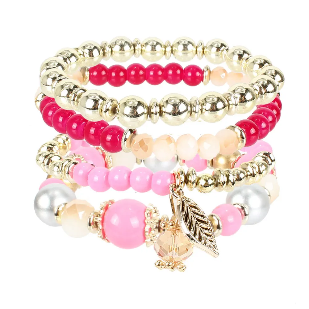 
2021 Multilayer Candy Bead Elastic Bracelet Multi-layer CZ Leaf Pendant Bead Bracelet 