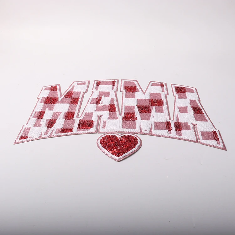 New arrival mama clothes patches embroidery iron on big size red pink glitter chenille sequin mama checkered patch for shirt
