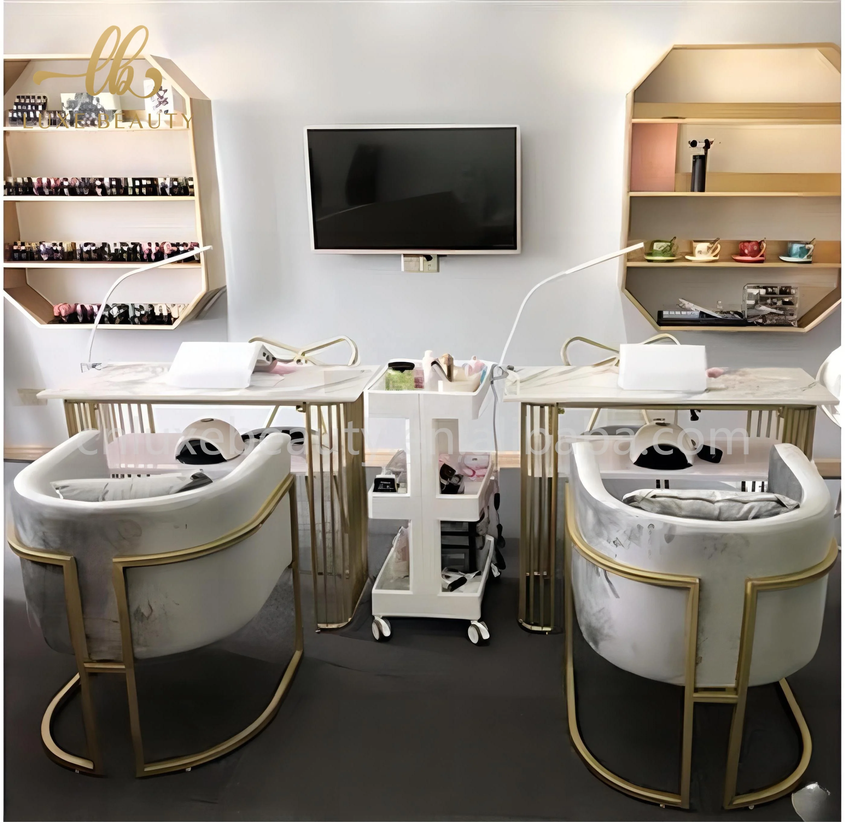 Nordic Marble Modern Popular Nails Table And Grey Chair Salon Furniture Manicure Tables Gold Metal Frame Nail Table Set Cheap