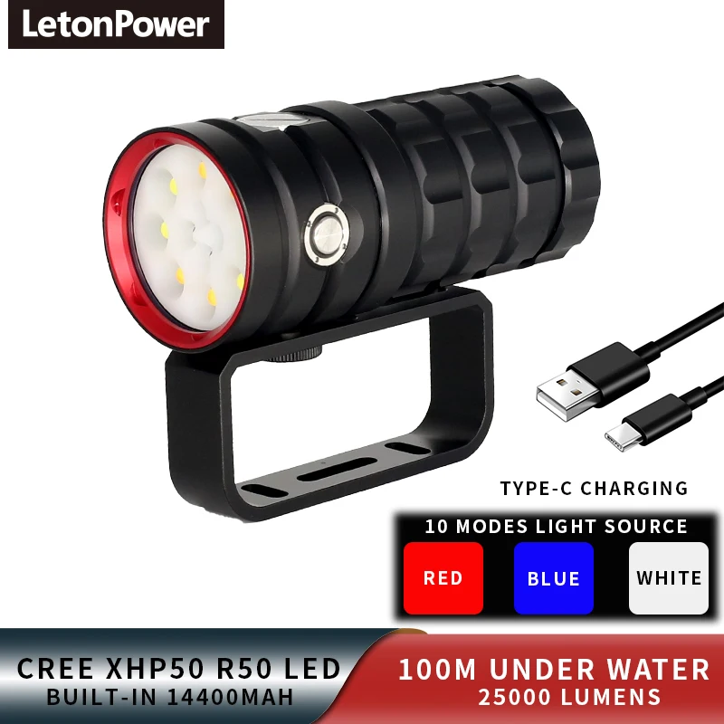 13000 lumens Scuba Diving Torch 120M diving depth Led Flashlight Portable Powerful Type-C  Charging  diving flashlight