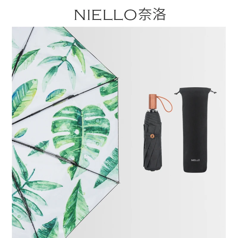best hot sale green palms leaves printing raines umbrella wooden handle Manual 3 fold umbrella for gift