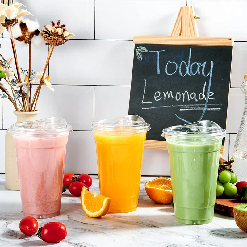 SKYDEAR 20 oz Clear Plastic PET Cups With Strawless Sip Lids Disposable Plastic Cups With Sip Through Lids for Ice Coffee