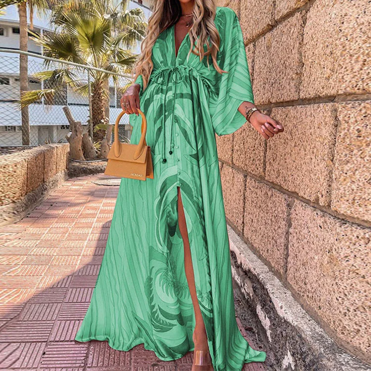 2022 new Vestido Long Sleeve ladies Loose peplum women fashion elegant chiffon Floral Boho Beach clothing Maxi Casual dress