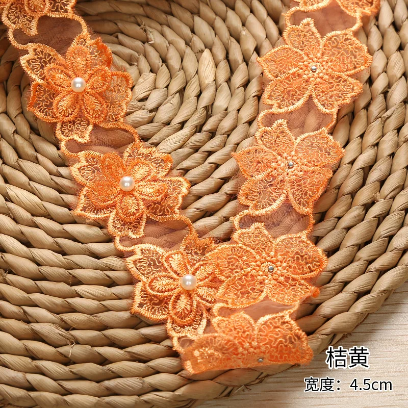 wholesale polyester 3D flower organza beaded lace colorful Embroidery Flower Chantilly Lace Trim for dress clothes decoration