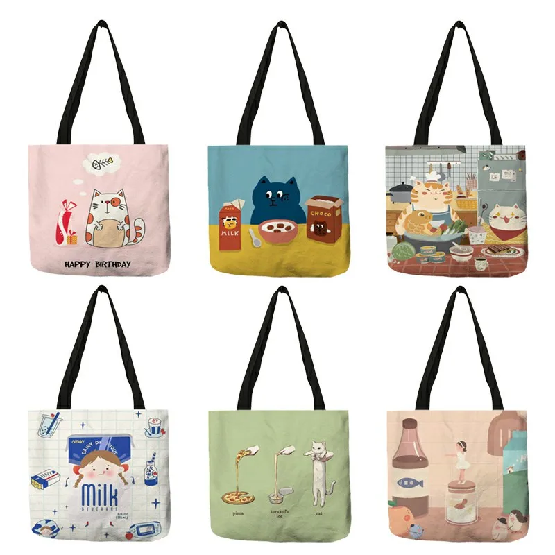 Japanese Style Kawaii Cartoon Cat Bear Animal Print Casual Tote Handbag Linen Bag Reusable Shopping Bags Outdoor Beach Bag