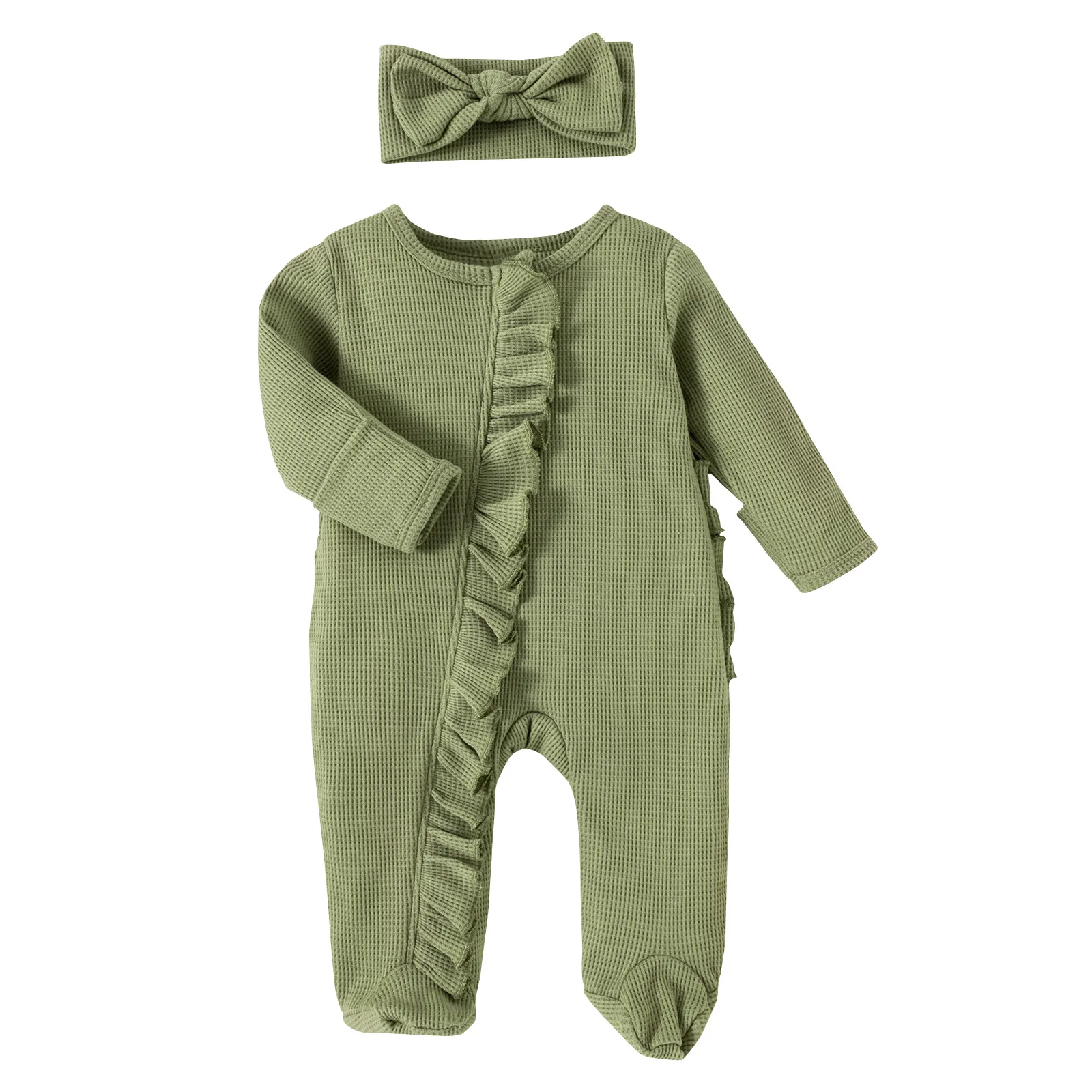 Qingli Oem Wholesale Long Sleeves Bamboo Zipper Baby Pajamas Plain Solid Bamboo Sleeper Newborn Waffle Romper