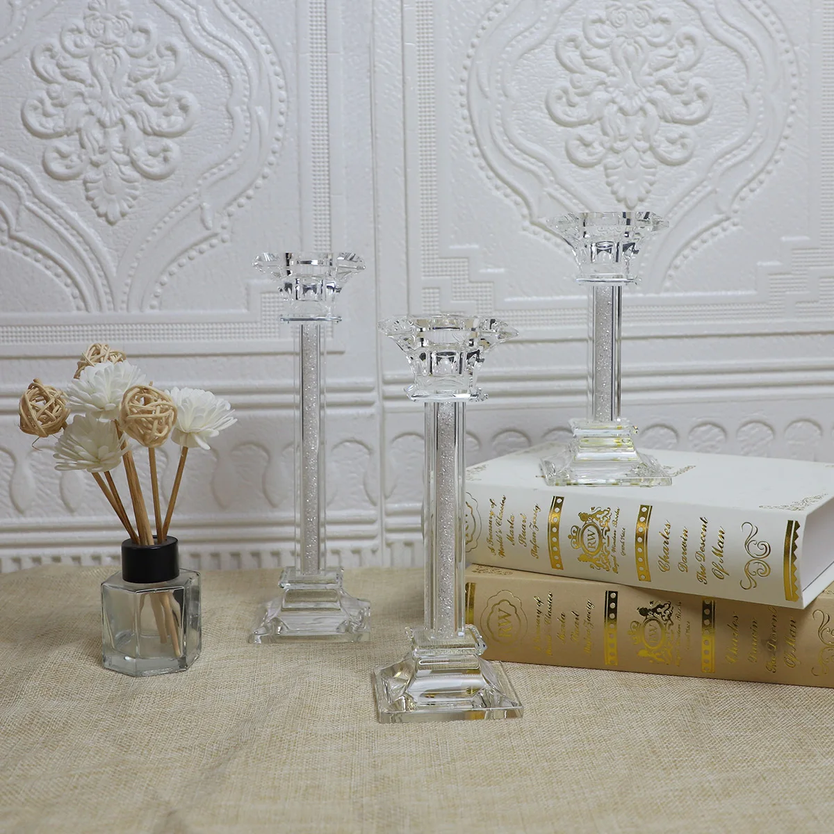 China wholesale customized indoor decorative tall crystal taper pillar glass candle holders manufacturers for wedding decoration