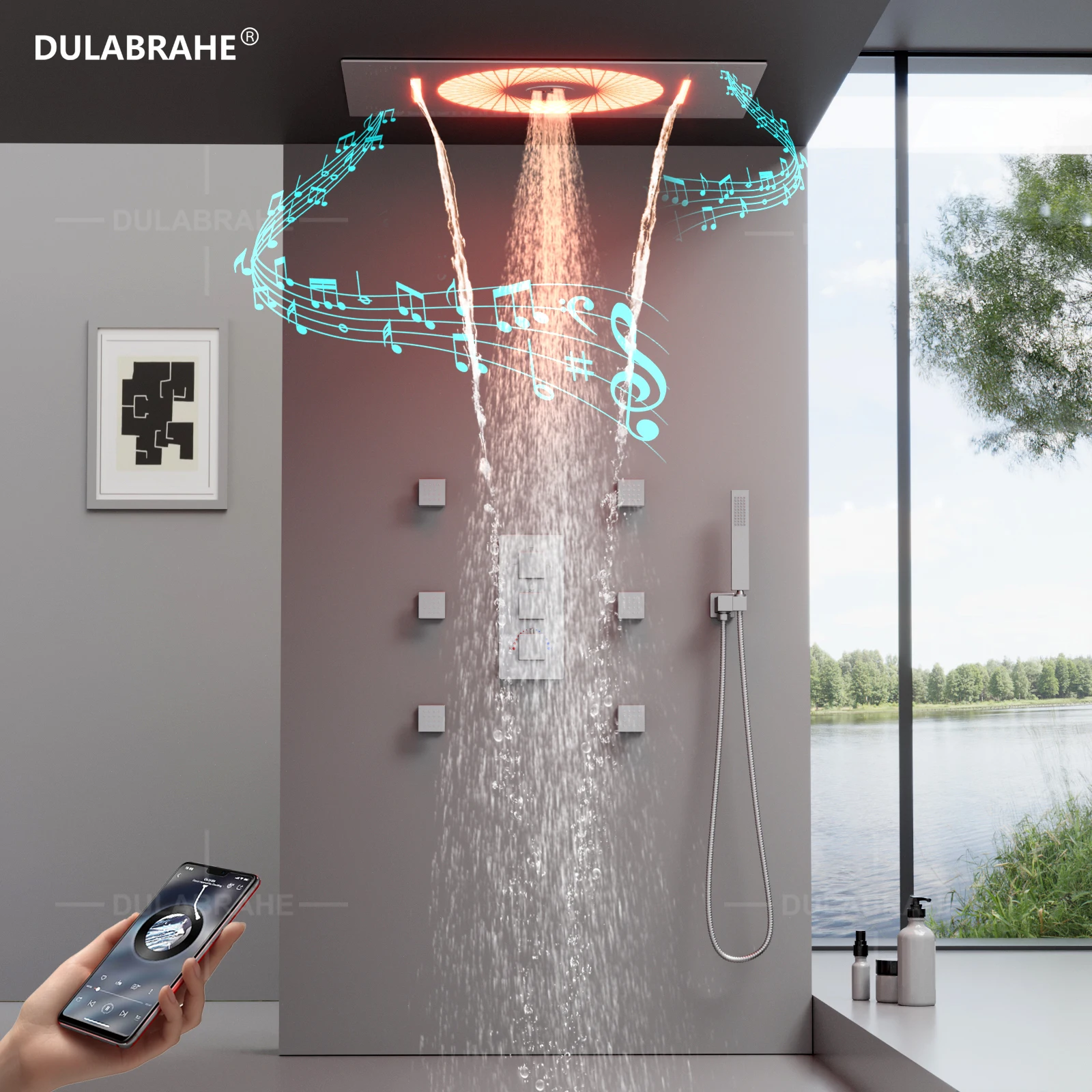 DULABRAHE 2024 NEW 4 Functions Luxury Bathroom Shower Faucet Brushed Nickel Wall Mounted Thermostatic Shower Set with Music