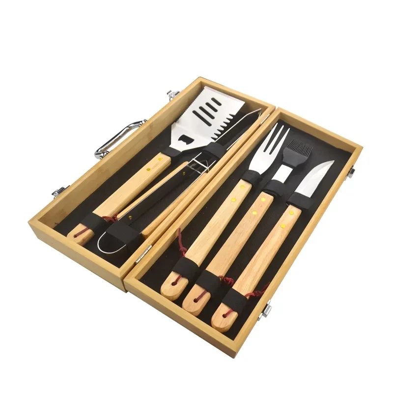 5 pcs Classic Style Bbq Grill Set Barbecue Accessory Bbq Tool With Wood Case,Stainless Steel Bbq Utensil Kit Cheap Kitchenware