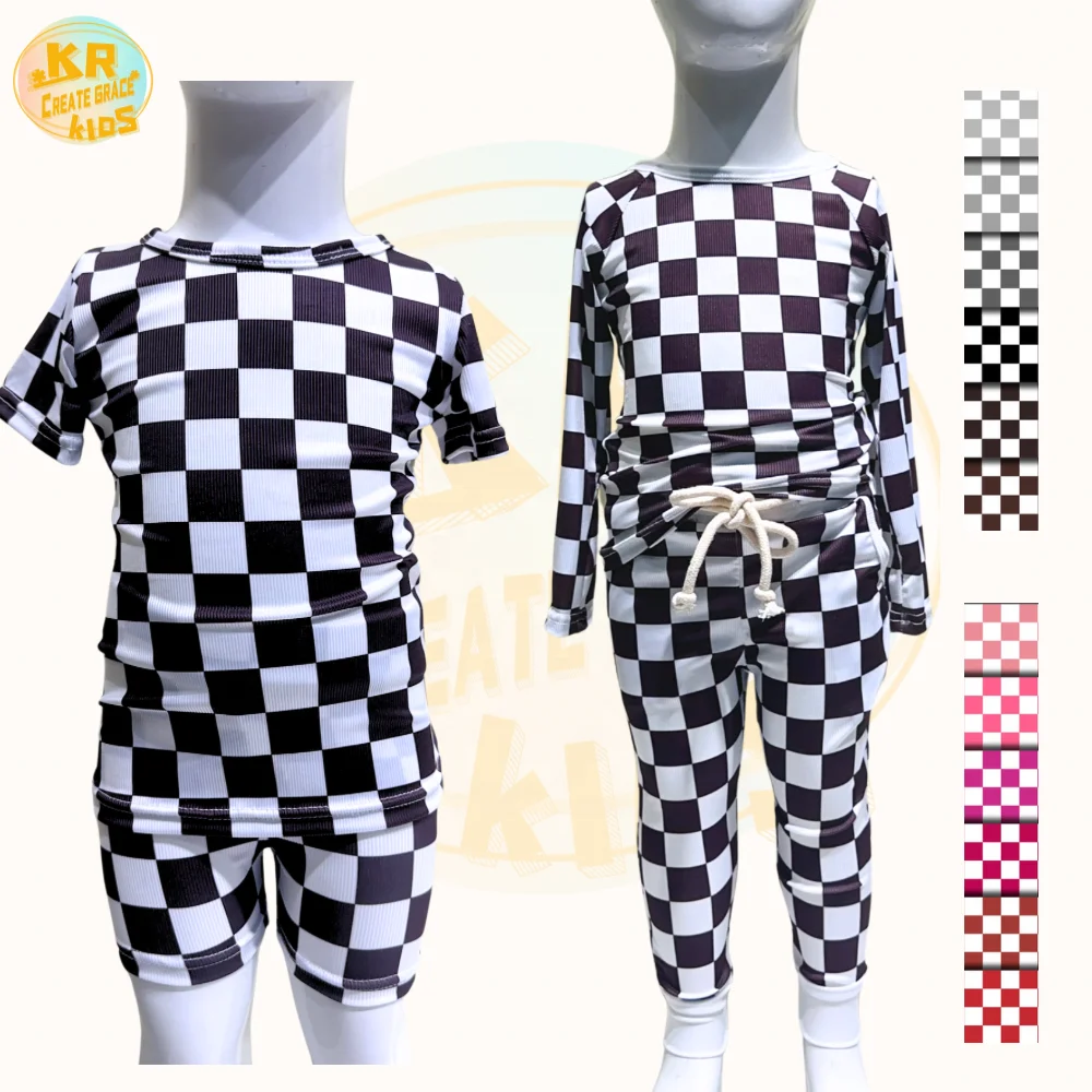 High Quality Black Plaid Bamboo Ribbed Knit Set Baby Toddler Girls Casual Kids Long Sleeve Pajamas Suit Wholesale