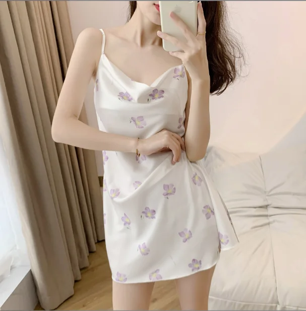 2024 new sexy nightdress ladies summer halter ice silk pajamas printed pure desire pajamas