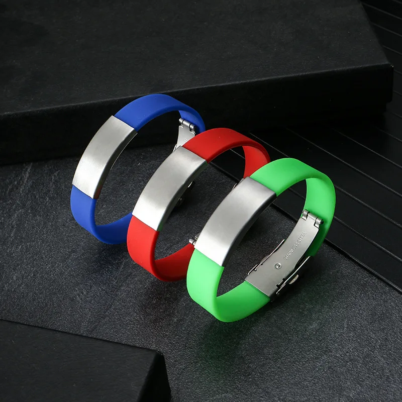 Environmentally Friendly Custom Ajustable Belted Bangles Colourful Carve Silicone and Stainless Steel Letter Bracelet