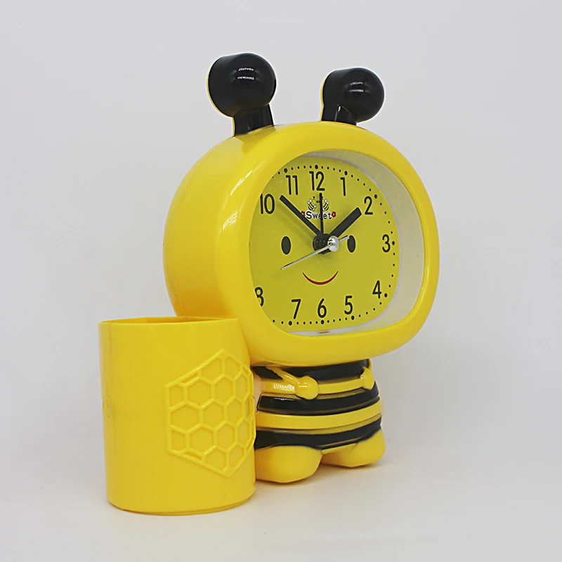 Cartoon alarm clock children learning with pen holder desktop clock jumping seconds yellow alarm clock