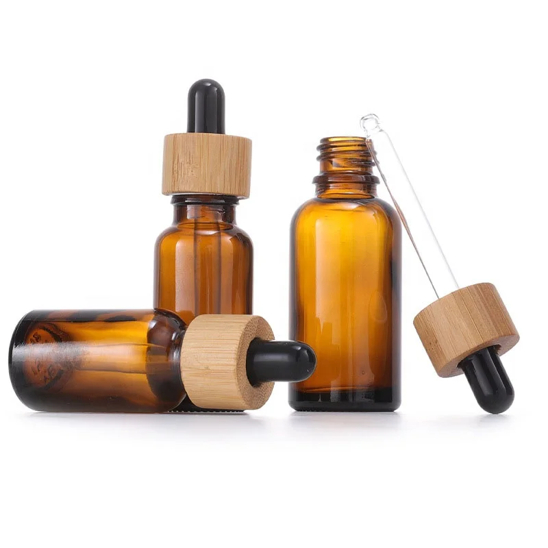 Amber Essential Oil Glass Pipette Bottle With Eco-friendly Bamboo Lid Wood Cap Dropper Cosmetic Container