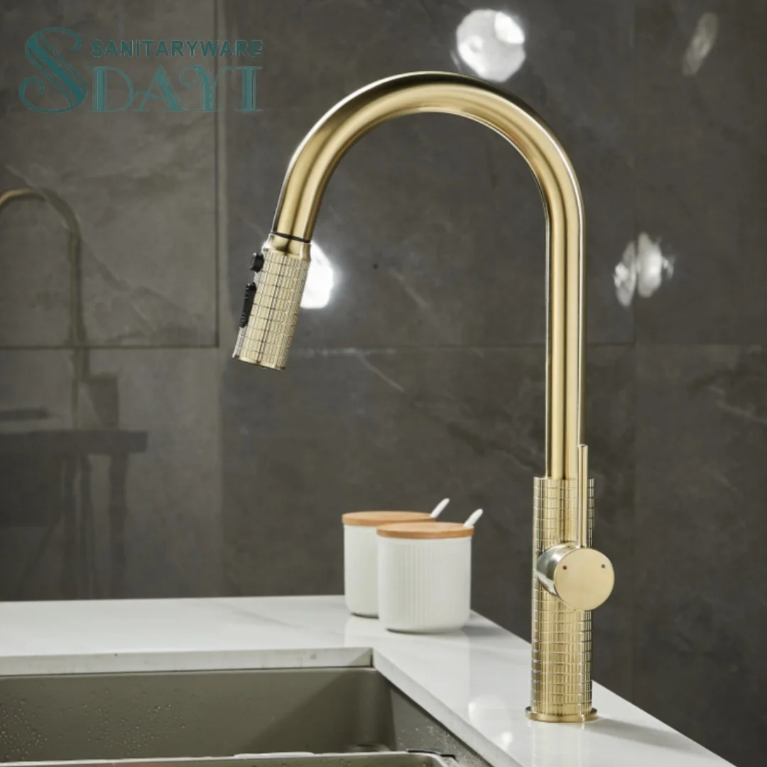 SDAYI Luxury Brushed Gold Kitchen One Handle Hole Water Taps Chrome Mixer Lavatory Bathroom Basin Sink Faucet