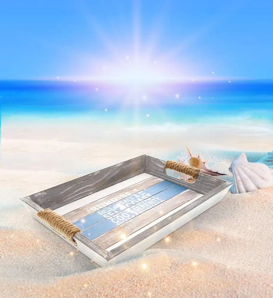 
Nautical Wooden Ocean Breeze Beach Theme Decor Real Natural Wood Handcrafted Hand Painted Aqua Sky Serving Tray 