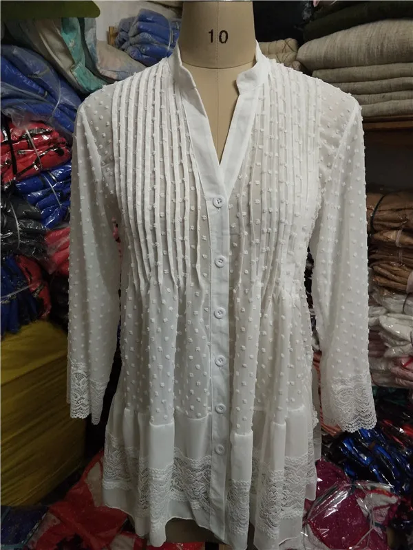 Summer Fashionable Long Sleeve Lace Crochet Patchwork Shirt Big Size Pleated Blouse Tops
