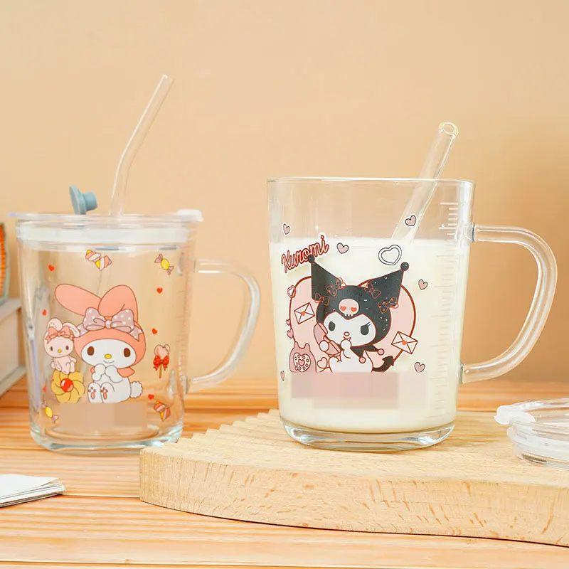 YuBon Cute Klomi Glass Water Cup With Straw 350ML Cartoon Home Student Dormitory Milk Coffee Mug Breakfast Water Glass Girl Gift