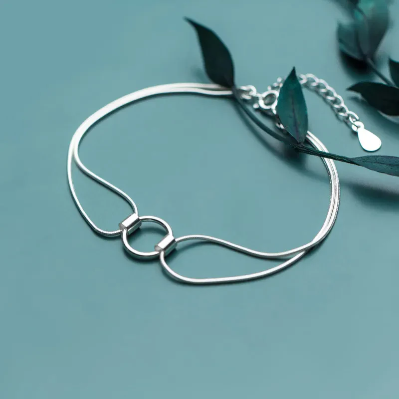 Interlocking Silver Circle Bracelet 925 Sterling Silver Bracelet For Women Geometric Round Double Snake Chain Summer Accessories