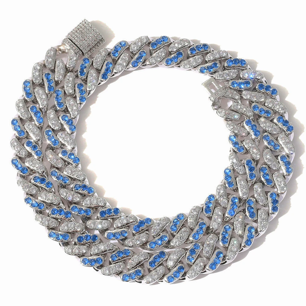 Hip Hop Necklace Men 12mm Micro Inset Sea Blue White Zircon Cuban Chain Hip Hop Accessory