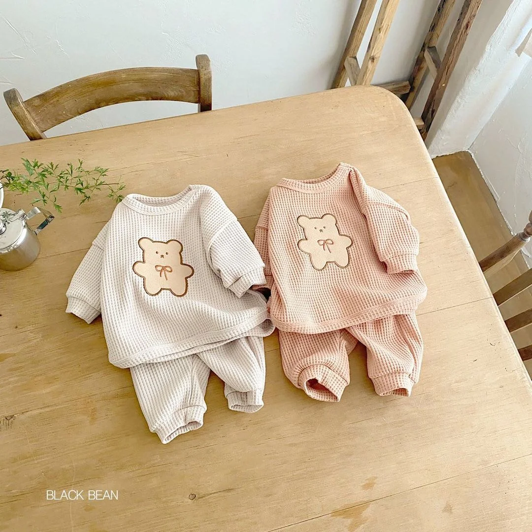 Cotton Waffle Fabric Autumn Design Custom Logo Infant Toddler Tracksuit Clothes 2 Pieces Sets Newborn Baby Boy Outfits