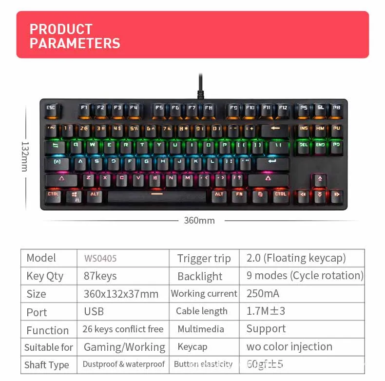  Новейшая компьютерная клавиатура с цветной светодиодной подсветкой 87 клавиш RGB игровая