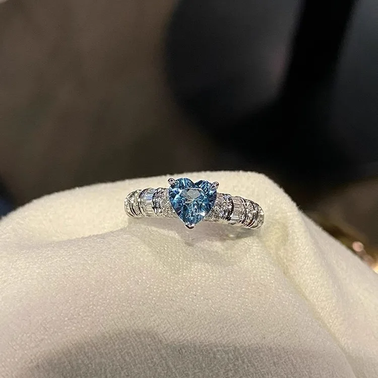 High carbon diamond artificial Santa Maria Heart aquamarine diamond ring Light luxury ice cut love ring for women