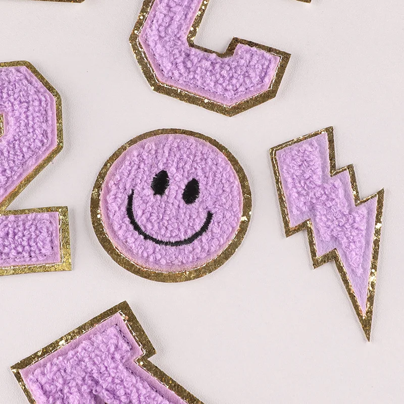 Phnom Penh Chenille Letter Patches Iron on Towel Embroidery Letter and Lightning Shape Embroidery Patch